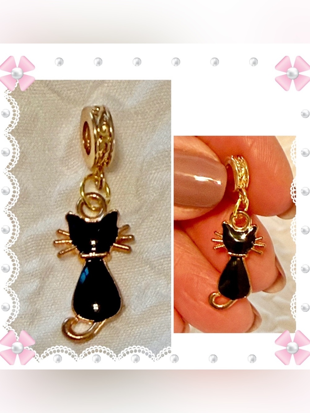Charm / pendant - small black and gold tone metal cat. Back of cat. New! Great!